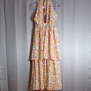 Hello Molly Halter Neck, Teired Ruffle Midi Dress, Smocked Back, Tie Neck